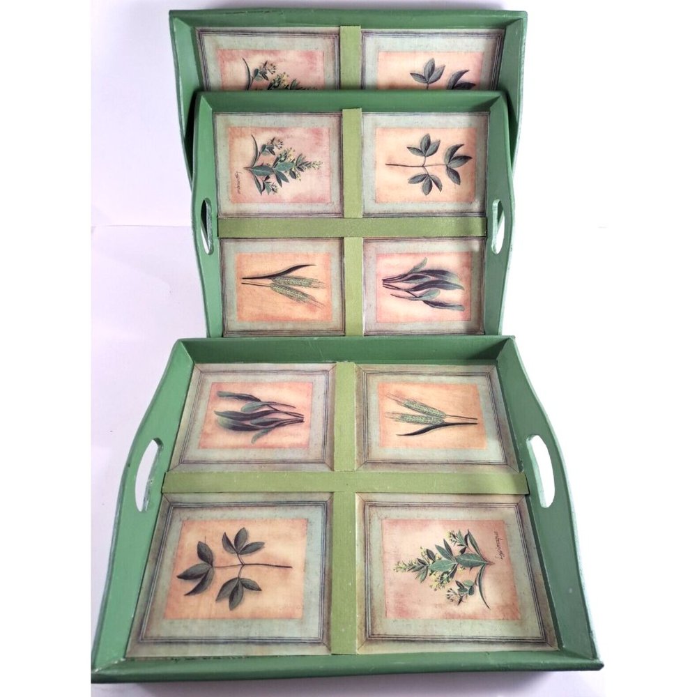 Wood Nesting Trays Set Of 3 NEW Breakfast Cut Out Handles Green Nature Herbs